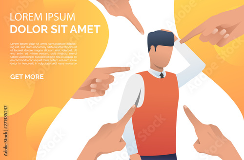 People blaming and pointing at business man. Accusation, guilty, failure concept. Presentation slide template. Vector illustration can be used for topics like business, mistake, problem