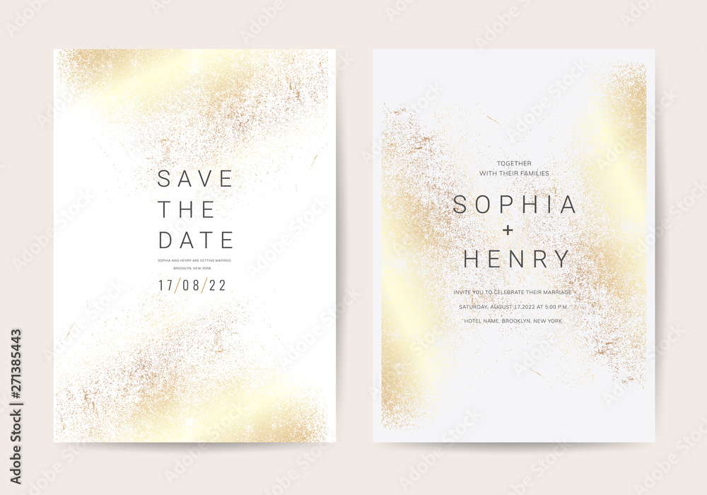 Luxury wedding invitation cards with golden texture  minimal style vector design template - obrazy, fototapety, plakaty 