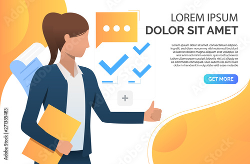 Woman showing thumb up and recommending business product. Representative, recommendation concept. Presentation slide template. Vector illustration for topics like business, marketing, advertisement