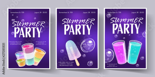 Summer party concept. Template set for invitation flyer, banner or poster. Colorful jelly and cocktail shots and bubbles on bright violet background. Vector illustration.