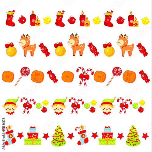 Christmas borders wth cute symbols. Santa elf, socks, tree and other objects. Template for adhesive tapes, decoration ribbons and other New Year design