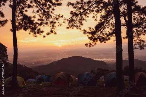 Adventures Camping tourism and tent  view forest landscape   outdoor in morning and sunset sky at Mon Sone View point   Doi Pha Hom Pok National Park in Chiang Mai  Thailand. Concept Travel.