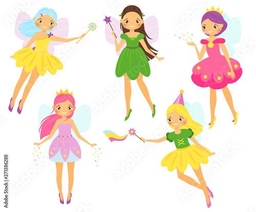 Cute fairy. Cartoon winged fairy princess flapping magic wands. Pixie, elf girl characters set