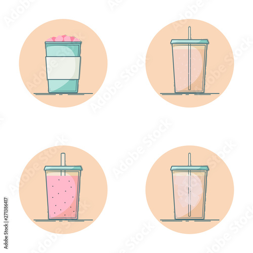Vector set of beverage icons. Soft drink for take away. Hot - cocoa, hot chocolate with marshmallow. Cold - lemonade, soda pop, smoothie, ice tea. Isolated in circle. Flat design.