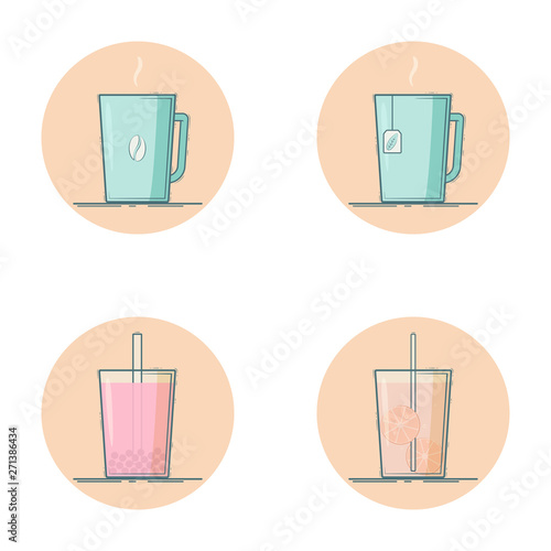 Vector set of beverage icons. Hot drinks - coffee, tea. Cold drinks -  bubble tea, lemonade. Isolated in circle. Mint and pink colors.