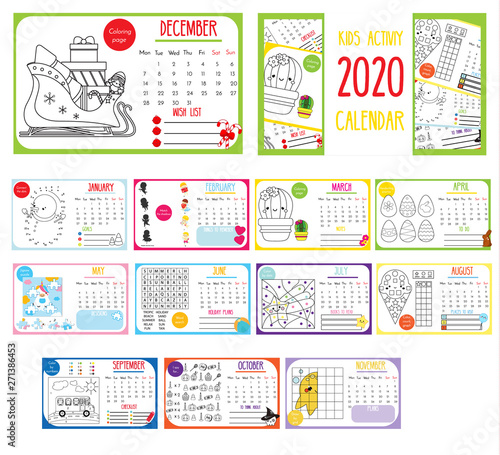 Kids activity calendar. 2020 annual calendar with educational games for kids and toddlers. Printable template