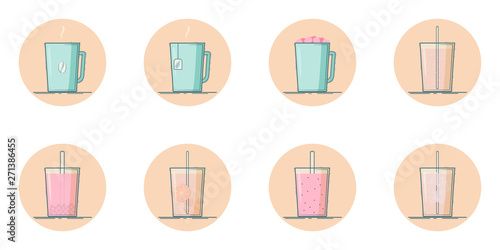 Vector set of beverage icons. Hot - coffee, tea, cocoa, chocolate with marshmallow. Cold - lemonade, soda pop, smoothie, bubble tea, ice tea. Isolated in circle. Flat design. Mint and pink colors.