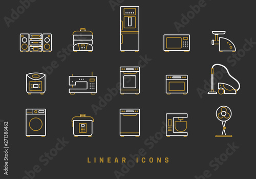 Set of outline vector home appliances icons for web design in simple linear style isolated on black background