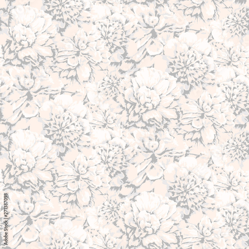 Softness floral vector seamless pattern. Abstract many different size gray and pink peony flowers. Ornate pink background. Template for design, textile, wallpaper, carton, ceramic tile, card.