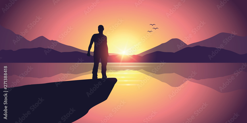 man on a cliff at purple mountain landscape by the lake at sunset vector illustration EPS10