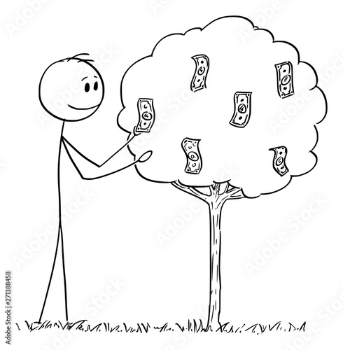 Vector cartoon stick figure drawing conceptual illustration of man or businessman picking or gathering dollar bills, banknotes, money or cash growing on tree as fruit.