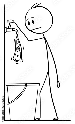 Vector cartoon stick figure drawing conceptual illustration of man or businessman turning the water faucet or tap on, and watching dollar bill slowly flowing from it in to bucket.