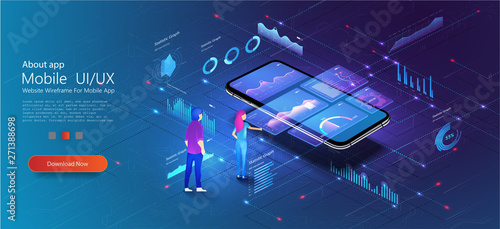 Man look graphic chart, business analytics concept UI, UX, Admin. Consulting team. Application of Smartphone with business graph and analytics data on isometric mobile phone.  Vector illustration