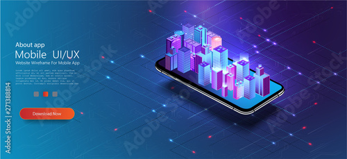 Smart city or intelligent building isometric vector concept. Building automation with computer networking illustration. IoT platform future technology. 