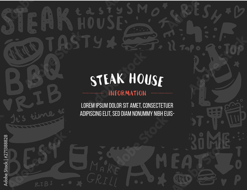 BBQ Doodle banner. Modern sketch. Blackboard Food menu. Raw pork meat. Barbecue wallpaper