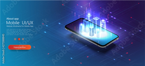 	 Smart city or intelligent building isometric vector concept IOT. Digital hologram of smart city on the screen of smartphone with Internet of things. Polygonal wireframe building.Vector illustration