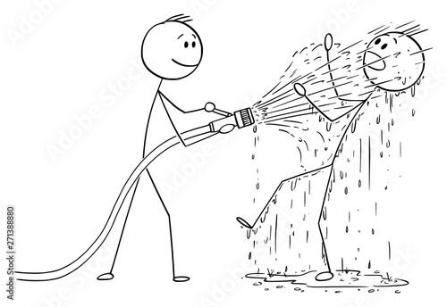 Vector cartoon stick figure drawing conceptual illustration of man or businessman holding big fire hose and shooting water on another man who is completely wet.