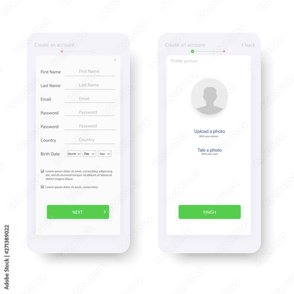 Web template and elements for registration on the website or mobile application. Account registration. Create new account. Signup screen. Notification screens. Registration form. Vector illustration