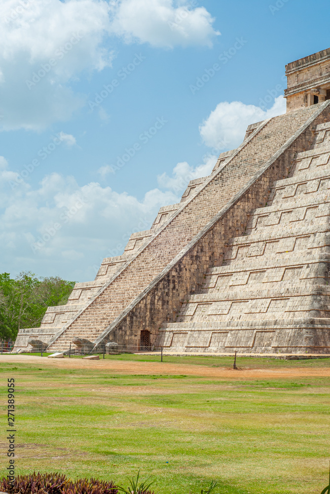 Entrance scale of the Mayan Pyramid of Kukulkan, known as El Castillo, classified as Structure 5B18, taken in the archaeological area of Chichen Itza, in the Yucatan peninsula
