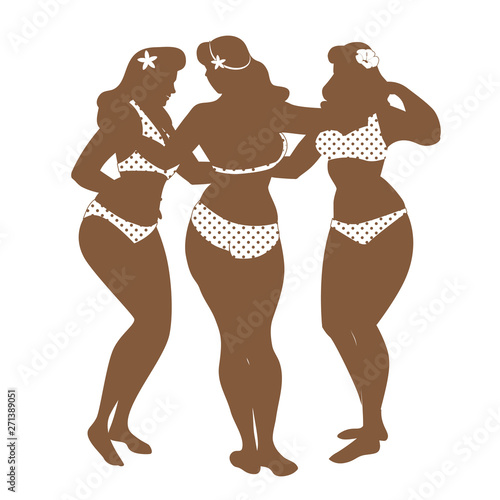 The Three Graces. Silhouettes of three pretty curvy girls in retro style swimsuit hugging each other, isolated on white background