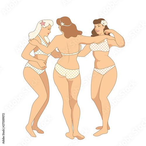 The Three Graces. Three pretty curvy girls in retro style swimsuit hugging each other, isolated on white background