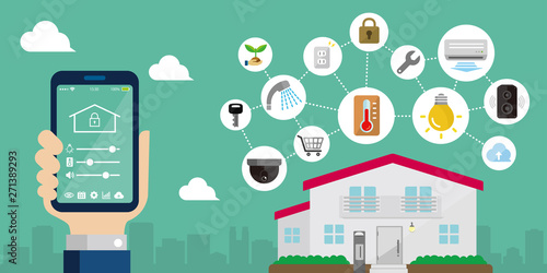 Smart home (smart house) controlled with smartphone app. Technology concept flat illustration.