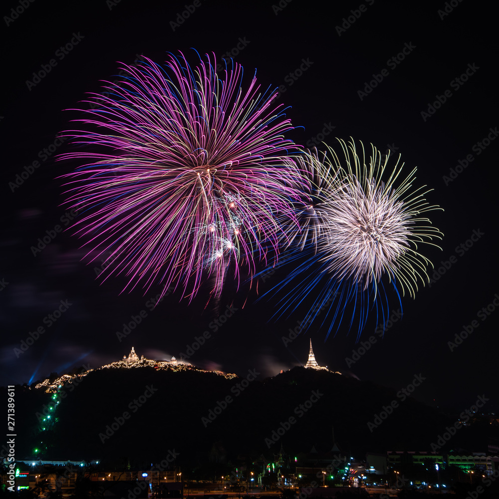 Beautiful colorful firework display on dark sky for celebration night 