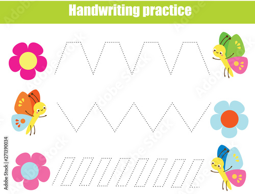 Handwriting practice sheet. Educational children game. Tracing lines with funny insects. early education worksheet for kids