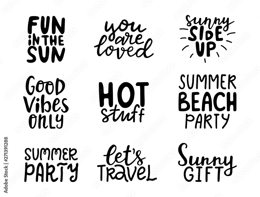 Summer hand lettering collection on white background. Summer holiday decoration elements. Typography design. Summer party. Vector illustration