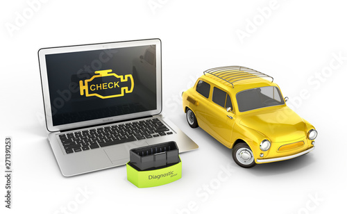 Car diagnostic concept Close up of laptop with OBD2 wireless scanner and retro car on white background 3d illustration photo