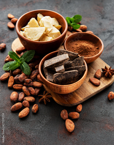 Cocoa beans, butter and chocolate