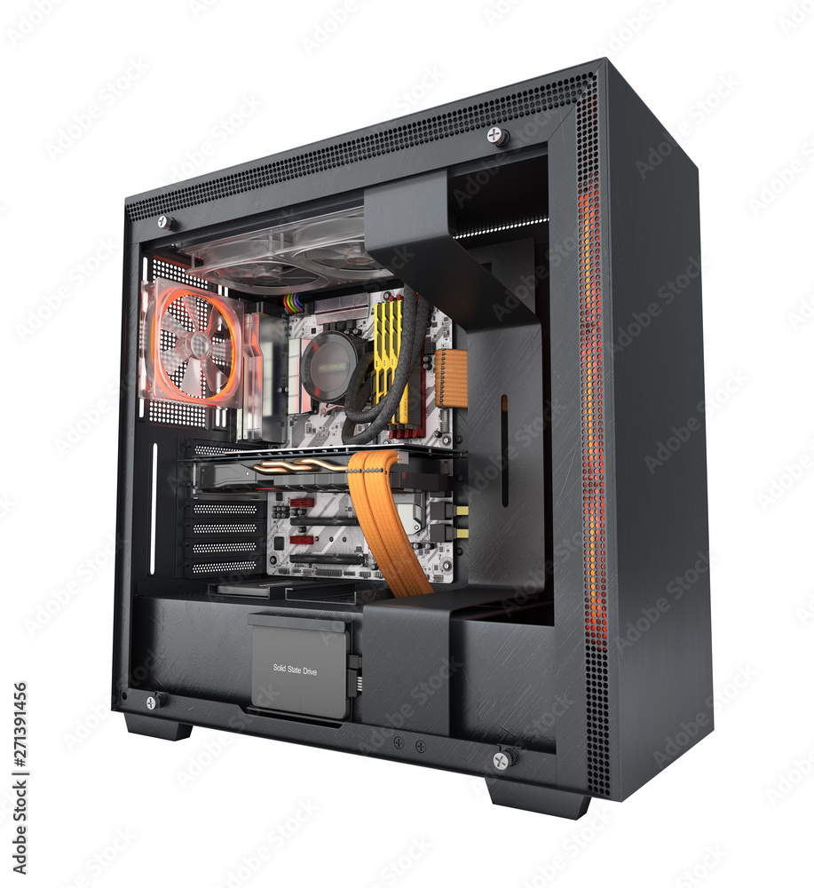 Fototapeta premium Open computer with red lighting effects and water cooled cooling system on white background 3d render without shadow