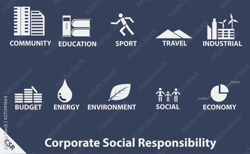 Symbol tool for Corporate Social Responsibility related applications. White icon on Gray blue Background.