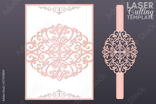 Laser cut wedding invitation card template vector. Wedding invitation or greeting card with Belly Band. Open card. Suitable for greeting cards, invitations, menus.