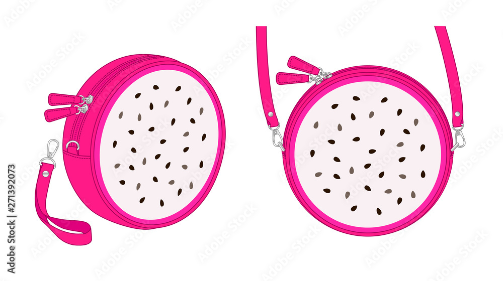 Dragon Fruit circle bag, round purse, double slider zipper bag, daily zip pouch with detachable shoulder strap/ detachable wrist strap, vector illustration sketch template Dragon Fruit circle bag, round purse, double slider zipper bag, daily zip pouch with detachable shoulder strap/ detachable wrist strap, vector illustration sketch template