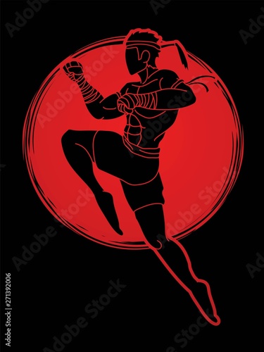 Muay Thai action , Thai boxing jumping to attack Cartoon graphic vector 