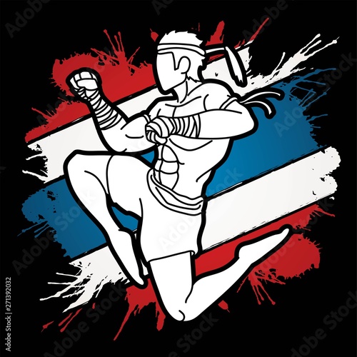 Muay Thai action , Thai boxing jumping to attack Cartoon graphic vector 