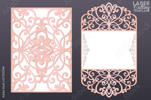 Laser cut wedding invitation card template vector. Cutout paper gate fold card for laser cutting or die cutting template. Wedding invitation mockup. Suitable for greeting cards, invitations, menus.