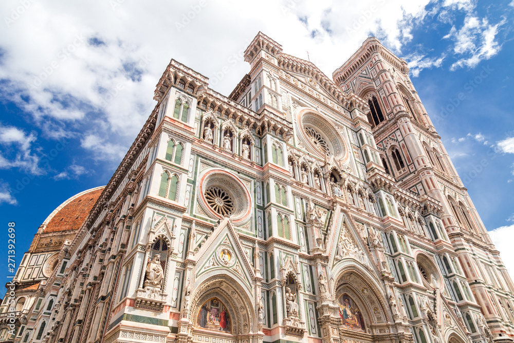 Cathedral of Saint Mary of the Flower at square Piazza del Duomo in Florence at sunny day, Italy, Europe.