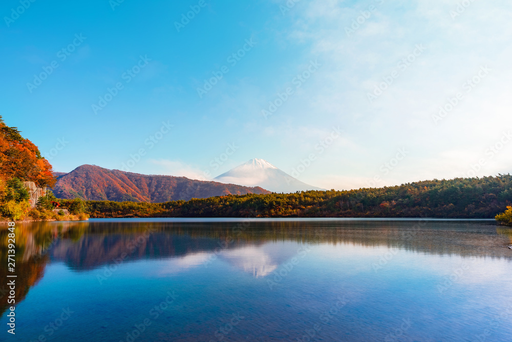 Lake Saiko and  mountain Fuji during autumn in Japan