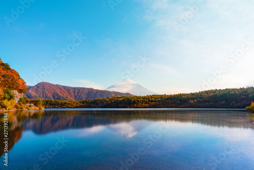 Lake Saiko and mountain Fuji during autumn in Japan