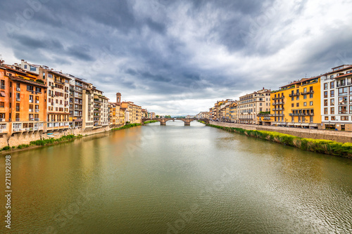 View of the Arno river from the famous bridge The Ponte Vecchio in Florence  Italy.