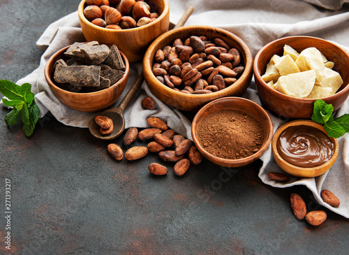 Cocoa beans, butter and chocolate