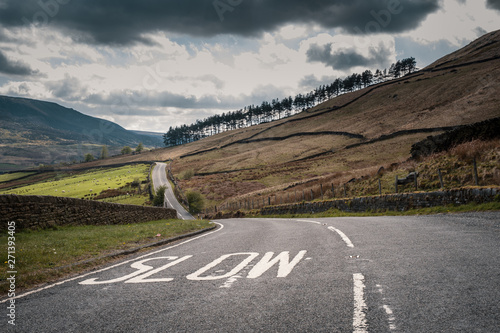 Painted Slow warning sign on winding country road in England photo