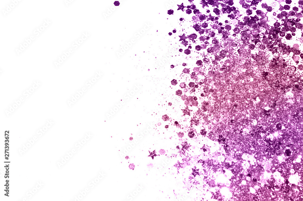Fototapeta premium Purple glitter and glittering stars on white background in vintage colors