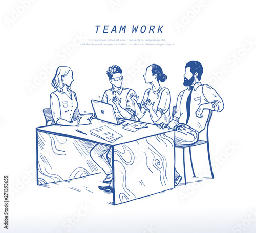 Vector illustration of office people discussing at table, teamwork, collaboration concept. Online business solutions, support. Sketch style drawing of  brainstorming, startup. Mobile app, ui, web photo
