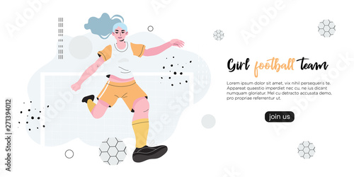 Vector illustration of a girl in a professional uniform playing football or soccer. Creative banner, poster, flyer or landing page for a women soccer, football club, game or friendly match. 