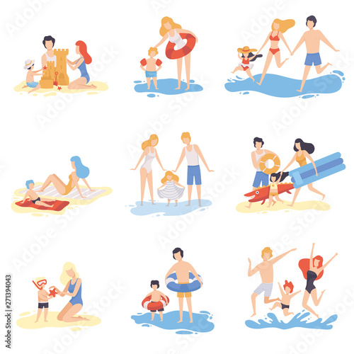 Parents and Their Children Playing and Having Fun on Beach, Happy Family Enjoying Summer Vacation on Seashore Vector Illustration