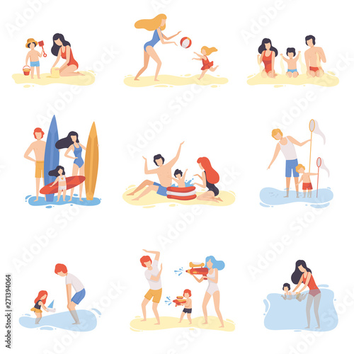 Parents and Their Children Playing, Swimming and Having Fun on Beach, Happy Family Enjoying Summer Vacation on Seashore