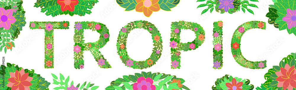 Summer tropical design for banner or flyer with bright flowers and inscription TROPIC. Tropical plant invitation card. Template tropical design on a white background. Vector illustration Summer tropical design for banner or flyer with bright flowers and inscription TROPIC. Tropical plant invitation card. Template tropical design on a white background. Vector illustration